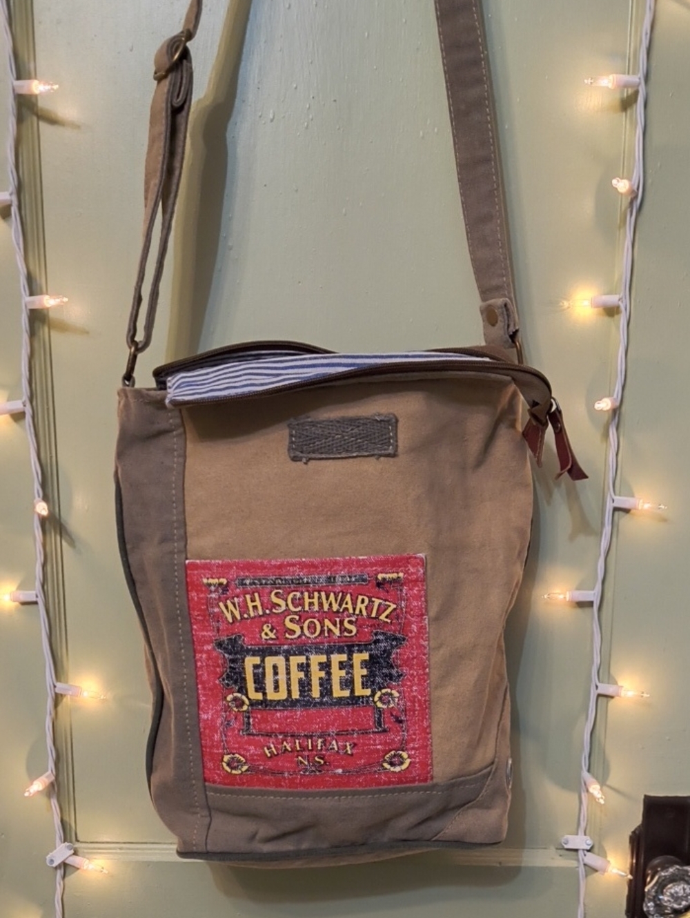 Women's W.H. Schwartz & Sons Coffee Tan Red Canvas Crossbody Bag Purse